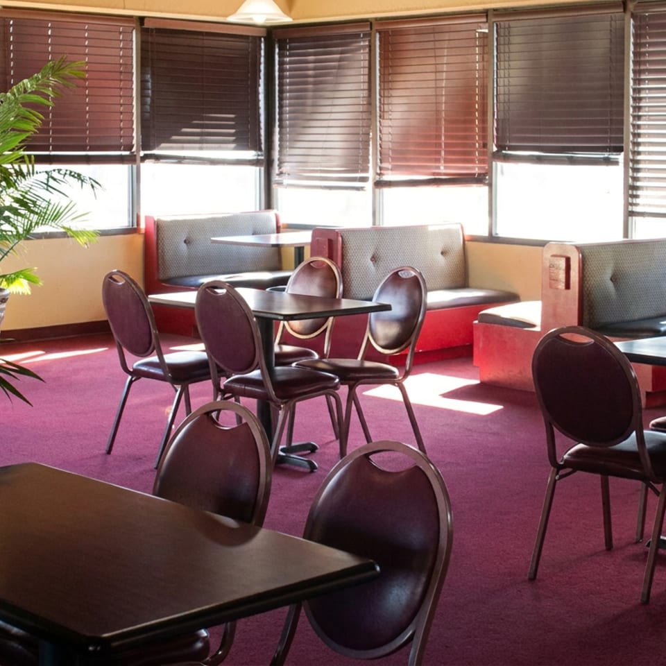 Bright restaurant dining room with red carpet, booth seating, dark tables, chairs, patterned columns, and sunlit windows.