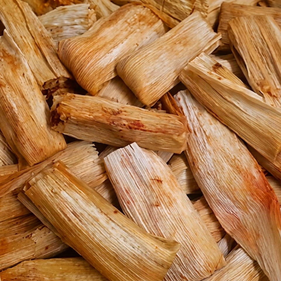 Pile of tamales wrapped in dried corn husks, with several partially opened to reveal the filling.