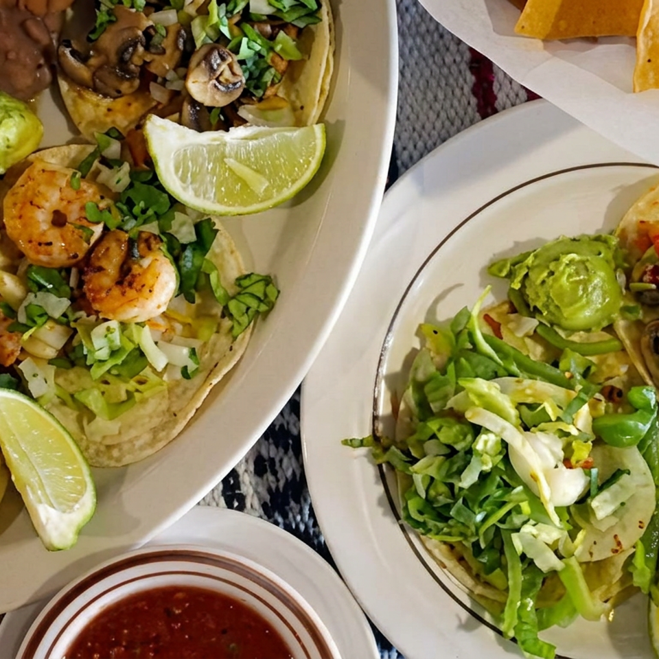 Overhead view of shrimp and chicken tacos with rice, beans, guacamole, lime wedges, salsa, and tortilla chips.