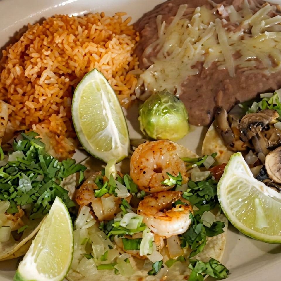 Plate of grilled fish, shrimp, and mushroom tacos with Mexican rice, refried beans, cilantro, onions, and lime wedges.