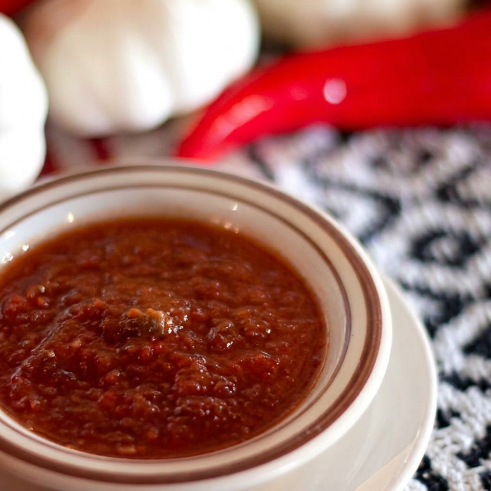 Bowl of chunky red chili sauce surrounded by garlic bulbs, red peppers, and a patterned cloth.